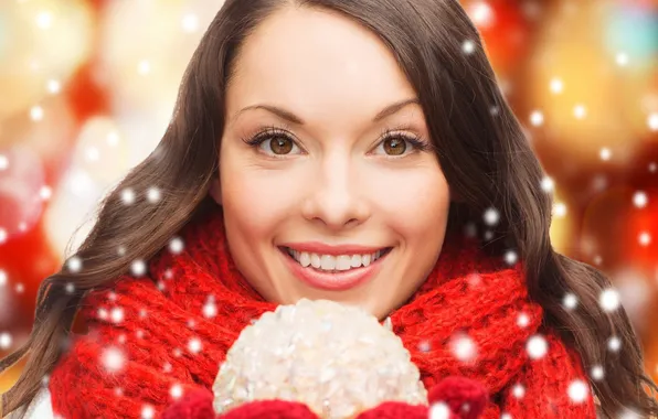 Picture face, smile, hair, scarf, mittens