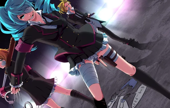 Picture girl, smile, weapons, tie, male, blue eyes, hatsune miku, kagamine rin