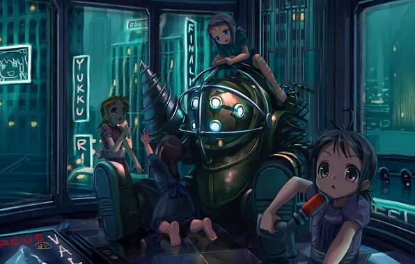 Picture bioshock, armor, girls, anime, town, diving suit