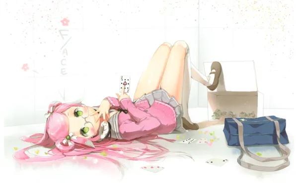 Box, glasses, girl, bag, on the floor, green eyes, pink hair, playing cards