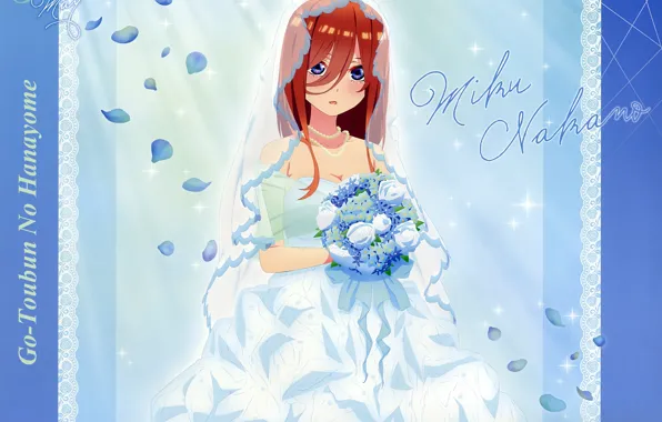 Neckline, the bride, veil, wedding dress, beads on the neck, the bride's bouquet, go-toubun no …