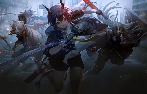 The city, girls, sword, Long Hair, Arknights, Ch in, Hoshiguma, Swire