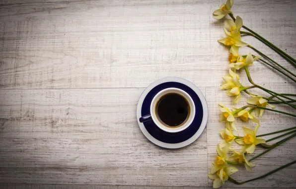 Flowers, coffee, drink, flowers, daffodils, coffee
