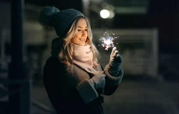 Girl, face, smile, cap, Sparkler