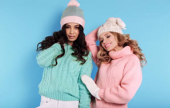 Background, girls, caps, mittens, sweater