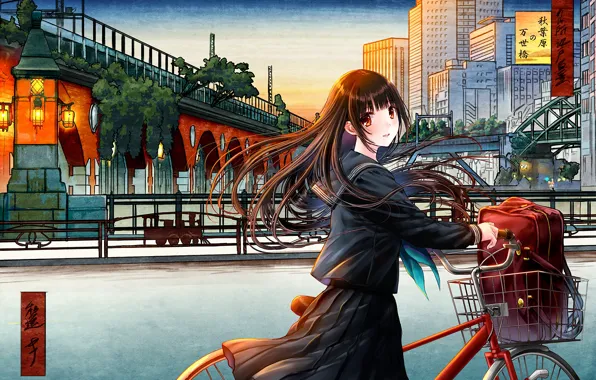 Picture bike, the city, anime, girl