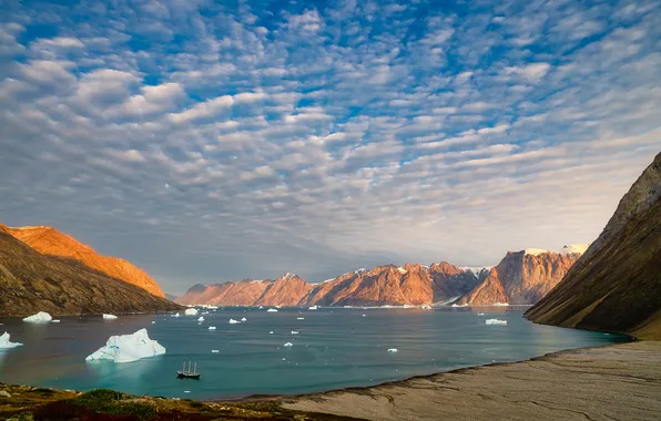 Wallpaper The ship, ice, iceberg, slope, ship, mountains, shore, haze