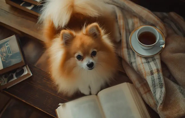 Look, tea, dog, Cup, puppy, book, plaid, face