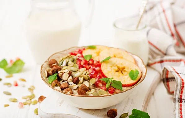 Fruit, nuts, garnet, yogurt, oatmeal, Timolina