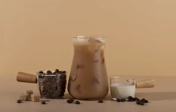 Coffee, milk, Bank, sugar, coffee beans, bowls, beige background, coffee with milk