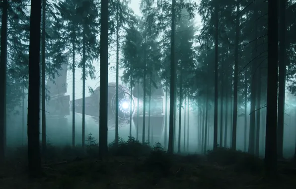 Picture forest, light, trees, night, fog, fiction, ship, UFO