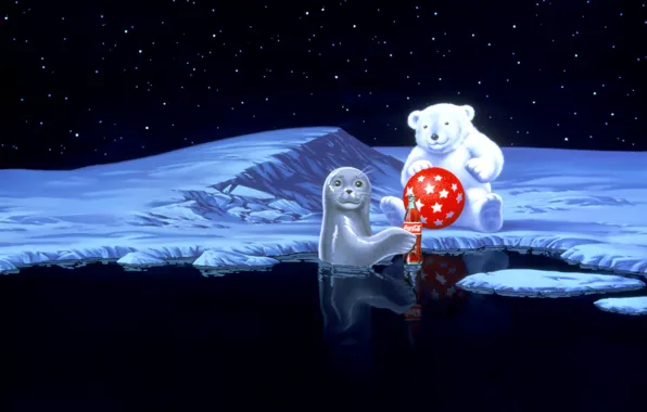 Water, stars, snow, red, the ball, seal, bear, coca-cola