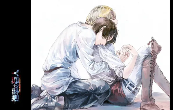 Boots, hugs, friends, boots, fanart, two guys, white shirt, the invasion of the giants
