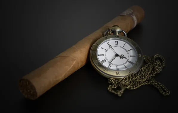 Picture cigar, the dark background, pocket watch