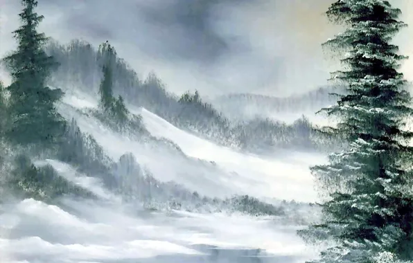 Winter, forest, snow, trees, fog, picture, ate, Blizzard