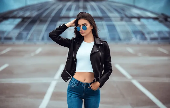 Picture girl, pose, jeans, glasses, jacket, curls, Anatoly Oskin, Laura Theresa