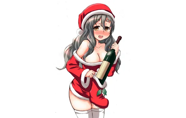 Picture girl, sexy, Christmas, cleavage, thighhighs, long hair, dress, brown eyes