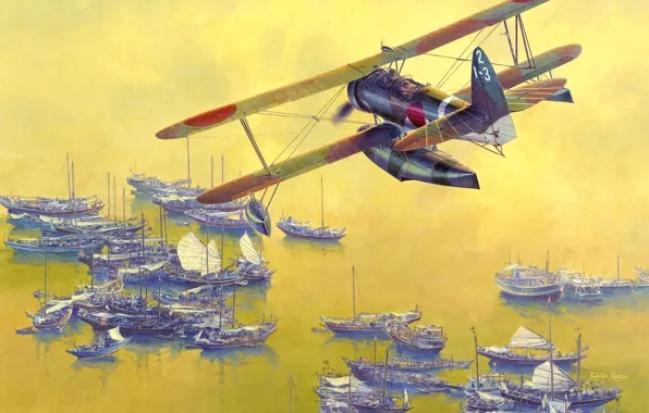 Picture sea, the sky, water, boat, figure, art, Navy, WW2