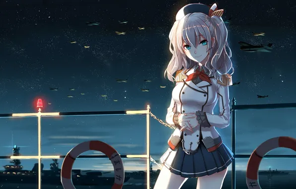 Picture the sky, girl, smile, ships, anime, art, aircraft, form
