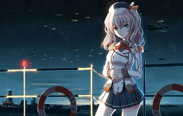 The sky, girl, smile, ship, anime, art, form, the plane