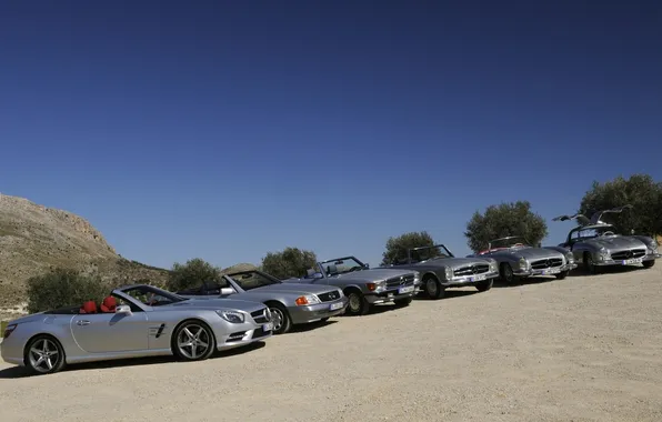 The sky, Mercedes-Benz, Mercedes, SL-class, different generations, SL-class