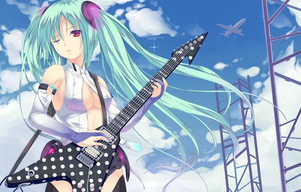 The sky, girl, clouds, the plane, guitar, vocaloid, hatsune miku, Vocaloid