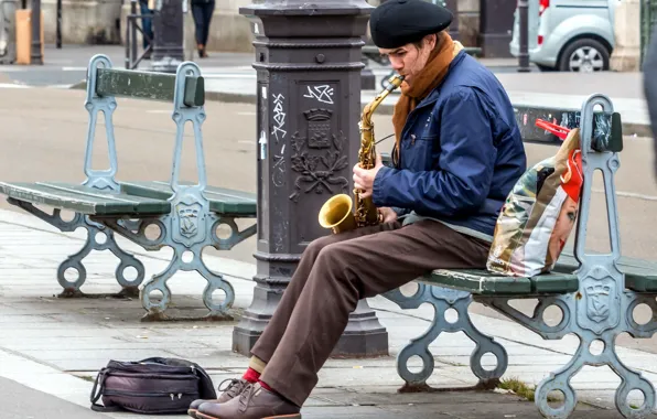 Picture street, people, saxophone