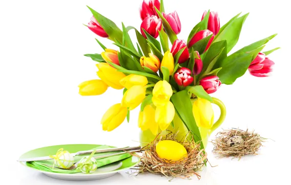 Eggs, spring, yellow, plate, Easter, tulips, pink, Easter