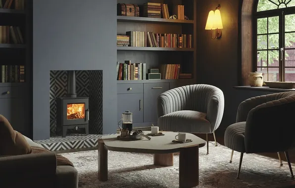 Design, room, Villa, interior, fireplace, library, English style, Futura