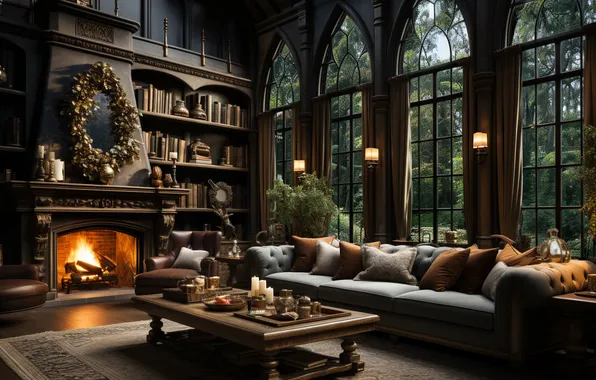 Picture room, tree, interior, Christmas, New year, fireplace, Christmas, view