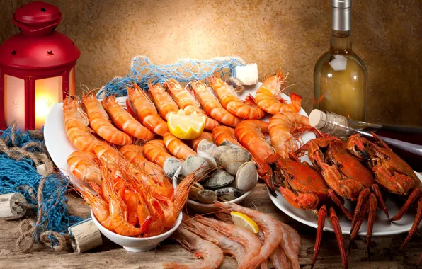 Wine, lantern, crabs, shrimp, seafood