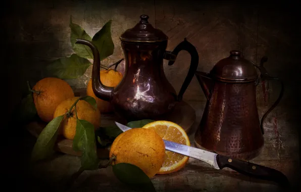 Style, orange, knife, pitcher, still life, vintage