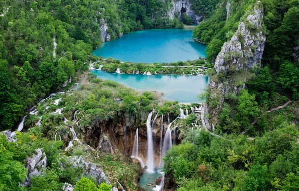 Picture forest, rocks, waterfall, Croatia, reserve, Plitvice lakes
