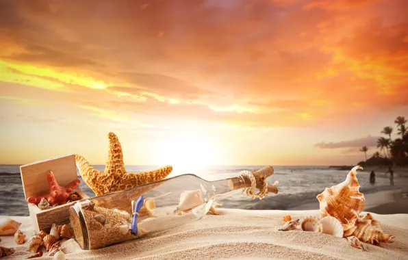 Picture sand, sea, beach, stars, bottle, box, shell, sea