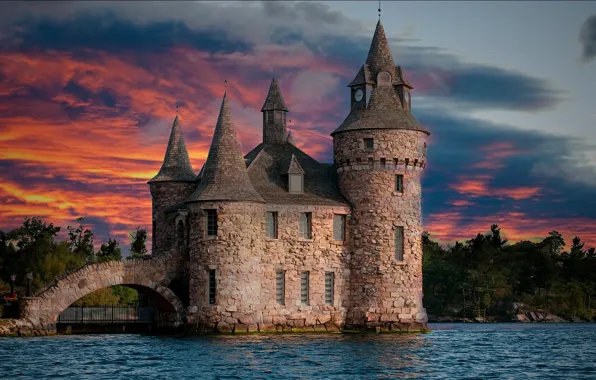 The sky, clouds, trees, sunset, lake, river, castle, tower