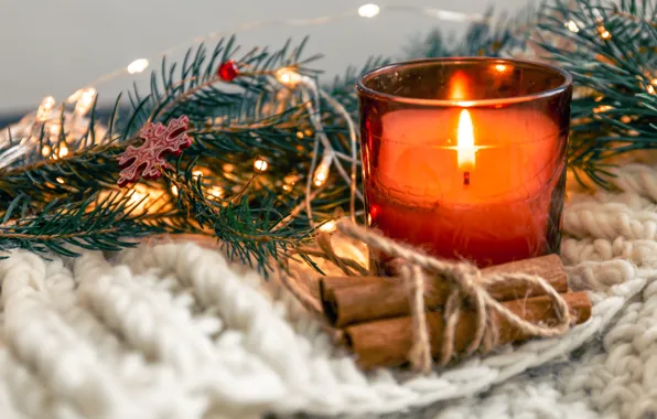 Candle, Christmas, New year, cinnamon, garland, spruce branches