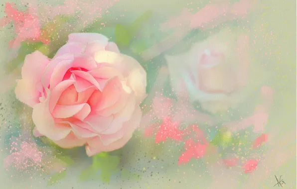 Flower, flowers, green, pink, graphics, rose, painting, gently