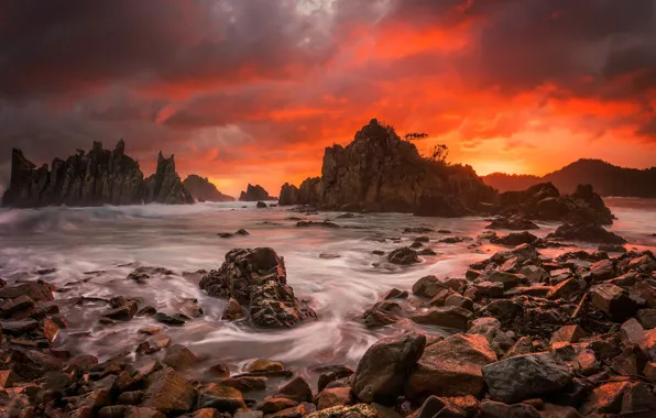 Picture sea, stones, rocks, glow
