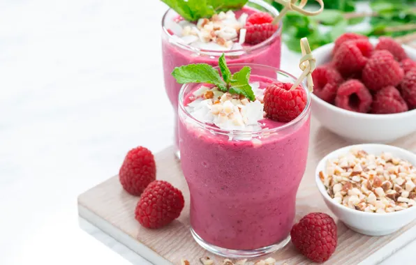 Red, glass, berries, raspberry, table, Board, white background, nuts