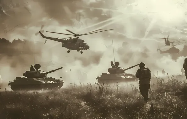 Grass, Smoke, Retro, Helicopter, Soldiers, Tanks, Digital art, Black and white
