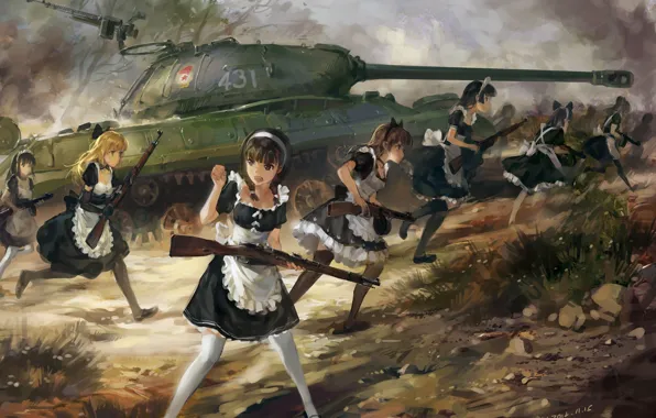 Picture weapons, girls, anime, art, the maid, upscale, tank is-3, hjl