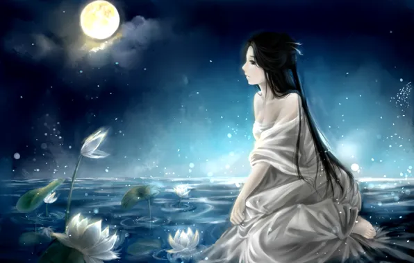 The sky, girl, clouds, night, lake, the moon, anime, art