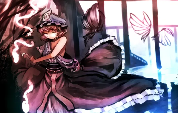 Girl, butterfly, smile, weapons, mood, katana, touhou, art
