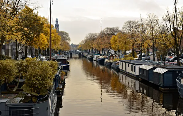 City, river, sky, autumn, ship, canal