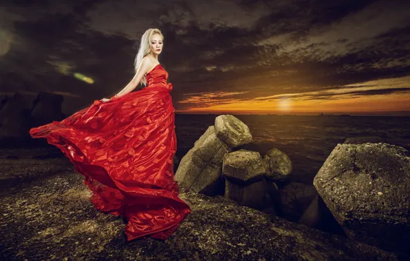 Picture sea, girl, sunset, style, stones, dress, Asian, red dress