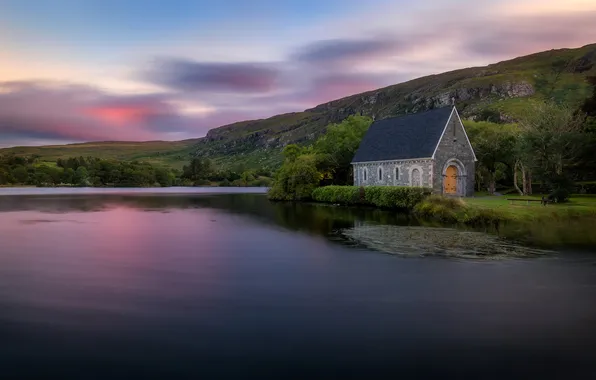 Forest, clouds, mountains, house, shore, the evening, Church, pond