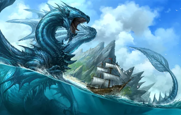 Sea, water, dragon, ship, fantasy, art