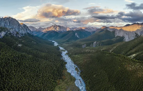 Forest, river, sky, landscape, nature, water, mountains, clouds