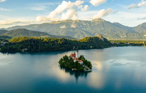 Picture forest, clouds, mountains, island, Church, haze, pond, Slovenia