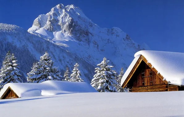 Winter, snow, Mountains, roof, houses